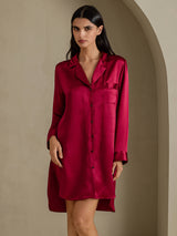 [Wine] SilkSilky  Long Sleeve Lapel Collar Nightshirt 001