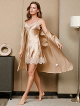 [Champagne] SilkSilky  3/4 Sleeve V Neck Nightgown&Robe Set 001