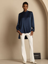 [Dark Blue] SilkSilky  Long Sleeve Stand Collar Blouse 007