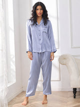 [Steel Blue] SilkSilky  Long Sleeve Lapel Collar Women's Pajamas 005
