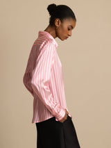 [Pink Stripe] SilkSilky  Long Sleeve Lapel Collar Women's Shirts 003