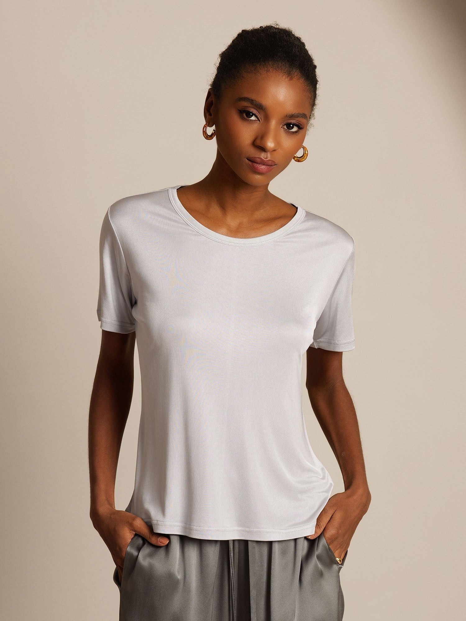 [Silver] SilkSilky  Short Sleeve Round Neck Women's T-Shirt 001