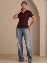 [Wine] SilkSilky  Short Sleeve V Neck Women's T-Shirt 006
