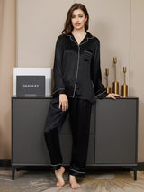 [Black] SilkSilky  Long Sleeve Lapel Collar Women's Pajamas 005