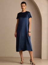 [Dark Blue] SilkSilky  Short Sleeve Crew Neck Dress 001