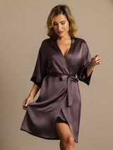Dark purple mulberry silk women’s robe with V-neck, lace cuffs and self-tie belt