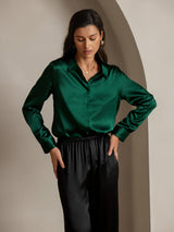 [Dark Green] SilkSilky  Long Sleeve Lapel Collar Women's Shirts 003