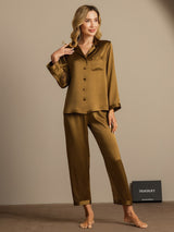 [Brown] SilkSilky  Long Sleeve Lapel Collar Women's Pajamas 004