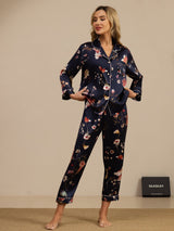 [Navy Floral] SilkSilky  Long Sleeve Lapel Collar Women's Pajamas 003
