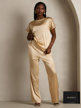 [Champagne] SilkSilky  19Momme Stretch Silk Charmeuse Short Sleeve Boat Neck Women's T-Shirt 005