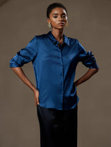 [Teal] SilkSilky  Long Sleeve Lapel Collar Women's Shirt 004
