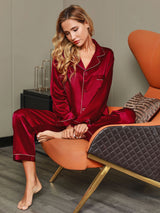 [Wine] SilkSilky  Long Sleeve Lapel Collar Women's Pajamas 001