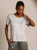 White silk jersey short sleeve round neck women's T-shirt with relaxed fit