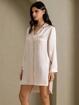 [Beige] SilkSilky  Long Sleeve Lapel Collar Nightshirt 006