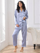 [Steel Blue] SilkSilky  Long Sleeve Lapel Collar Women's Pajamas 001