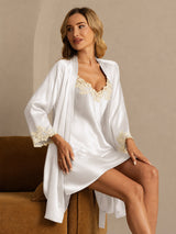 [White] SilkSilky  3/4 Sleeve V Neck Nightgown&Robe Set 004