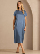 [Real Teal] SilkSilky  Short Sleeve Crew Neck Dress 003