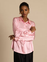 [Pink Stripe] SilkSilky  Long Sleeve Lapel Collar Women's Shirts 005