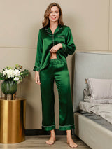[Green] SilkSilky  Long Sleeve Lapel Collar Women's Pajamas 005