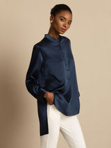 [Dark Blue] SilkSilky  Long Sleeve Stand Collar Blouse 005