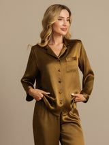 [Brown] SilkSilky  Long Sleeve Lapel Collar Women's Pajamas 005