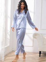 [Steel Blue] SilkSilky  Long Sleeve Lapel Collar Women's Pajamas 003