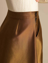 Brown silk-wool blend A-line midi skirt with high waist and side zipper