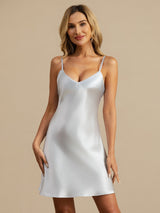 [Light Blue] SilkSilky  Pure Silk Spaghetti Strap V Neck Nightgown 005