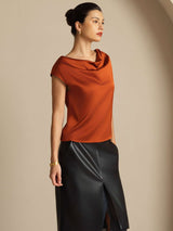 [Caramel] SilkSilky  Cap Sleeve Cowl Neck Women's T-Shirt 006