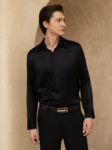 [Black] SilkSilky 19Momme Stretch Silk Charmeuse Long Sleeve Lapel Collar Men's Shirt 004
