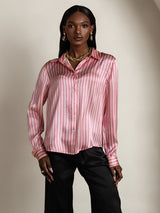 [Pink Stripe] SilkSilky  Long Sleeve Lapel Collar Women's Shirts 001