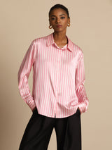 [Pink Stripe] SilkSilky  Long Sleeve Lapel Collar Women's Shirts 002