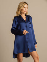 [Dark Blue] SilkSilky  Long Sleeve Lapel Collar Nightshirt 008