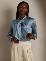 [Grayish Blue] SilkSilky  19Momme Stretch Silk Charmeuse Long Sleeve Tie Neck Blouse 003