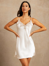 [White] SilkSilky  Spaghetti Strap V Neck Nightgown 003