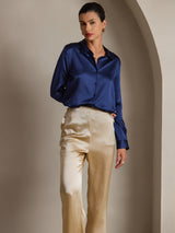 [Dark Blue] SilkSilky  Long Sleeve Lapel Collar Women's Shirt 001