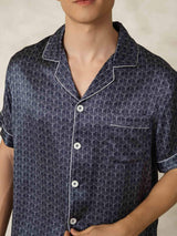 [Navy Ginkgo] SilkSilky  Short Sleeve Lapel Collar Men's Pajamas 007