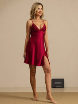 [Wine] SilkSilky  Spaghetti Strap V Neck Nightgown 007
