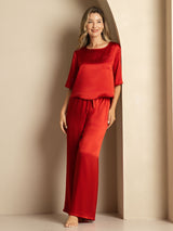 [Wine] SilkSilky  Half Sleeve Round Neck Women's Pajamas 006