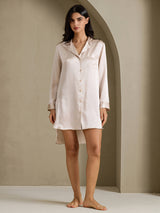 [Beige] SilkSilky  Long Sleeve Lapel Collar Nightshirt 007