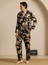 Men's black silk pajama set with gold dragon print, notch collar, long sleeves
