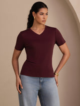 [Wine] SilkSilky  Short Sleeve V Neck Women's T-Shirt 001