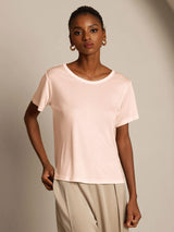 Women’s silk jersey short sleeve round neck T-shirt in light pink, relaxed fit