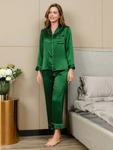 [Green] SilkSilky  Long Sleeve Lapel Collar Women's Pajamas 004
