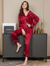 [Dark Red] SilkSilky  Long Sleeve Lapel Collar Women's Pajamas 002