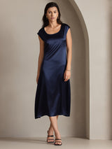 [Dark Blue] SilkSilky  19Momme Stretch Silk Charmeuse Cap Sleeve Scoop Neck Dress 003