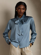 [Grayish Blue] SilkSilky  19Momme Stretch Silk Charmeuse Long Sleeve Tie Neck Blouse 001