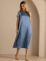 [Real Teal] SilkSilky  Short Sleeve Crew Neck Dress 006