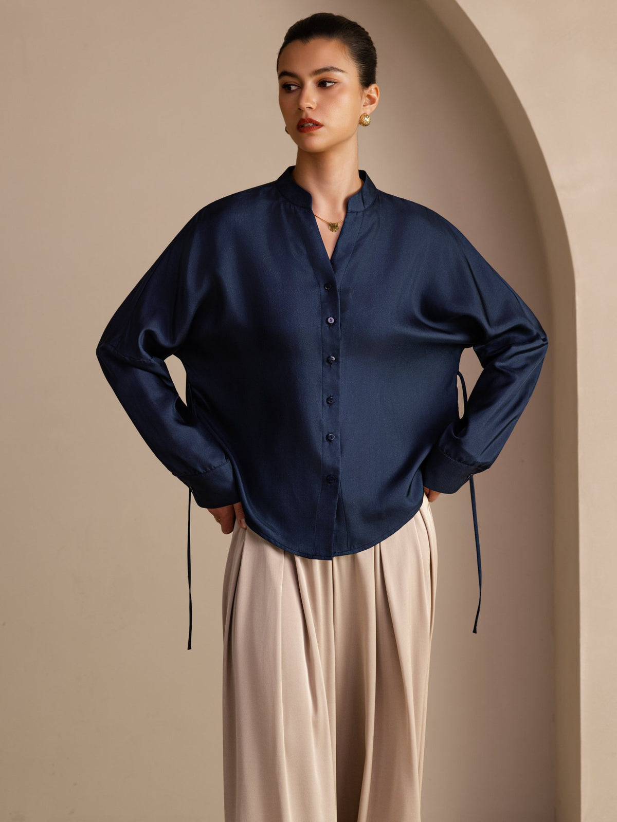 [Dark Blue] SilkSilky Long Sleeve Split Women's Blouse 001