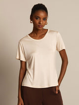 [Beige] SilkSilky  100% Silk Jersey Short Sleeve Round Neck Women's T-Shirt 005